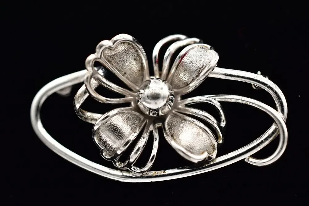 Frostner Sterling Silver Flower Pin Brooch 925 3d Wired Modernist Signed BinAL